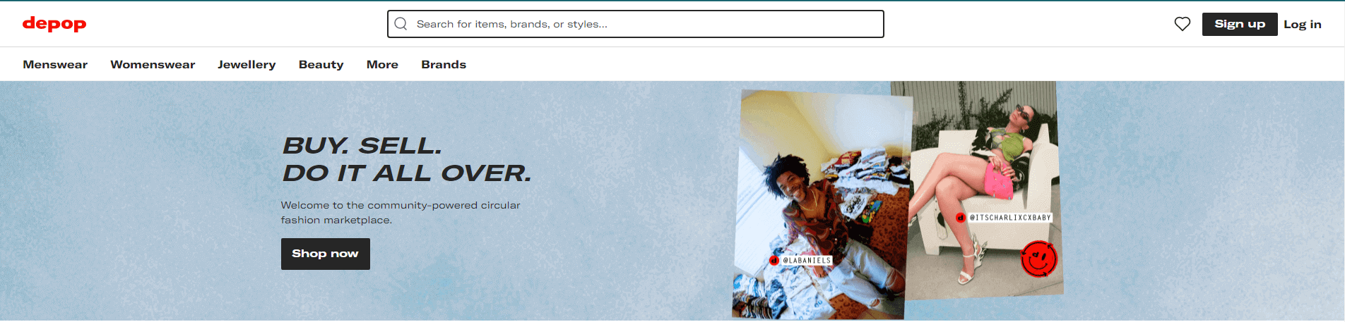 A homepage image of Depop website