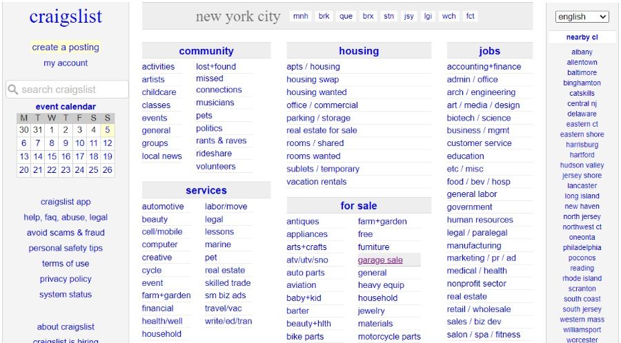 Home page of Craigslist in the New York City location
