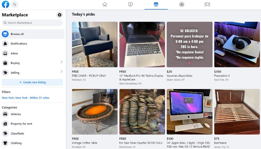 Facebook Marketplace page in the New York city