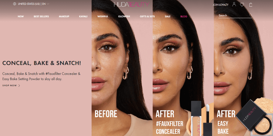 Screenshot of Huda Beauty website.