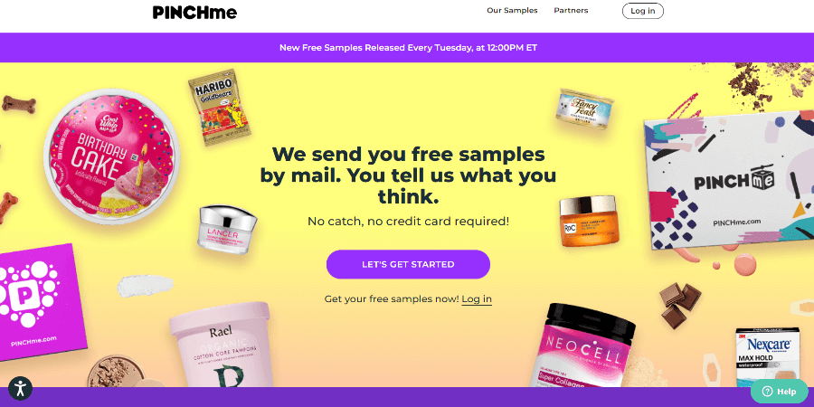 Screenshot of PinchMe homepage while I was looking for free samples of perfume.