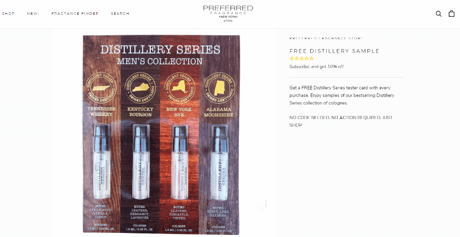 Screenshot of Preferred Fragrance's free perfume sample page.