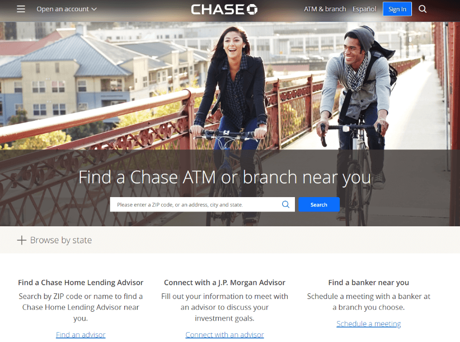 Chase bank branch and ATM locator webpage.