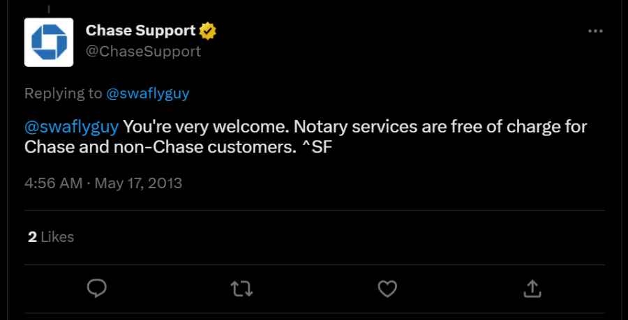 A tweet by Chase Support on 17th May 2013.