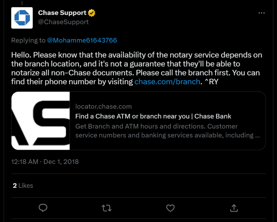 A tweet by Chase Support on 1st December 2018.