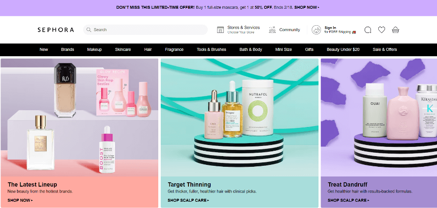 Screenshot of Sephora homepage while I was looking for free samples of perfume.