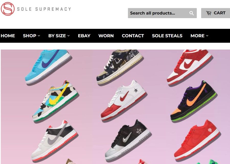 Home page of sole supremacy website to sell sneakers