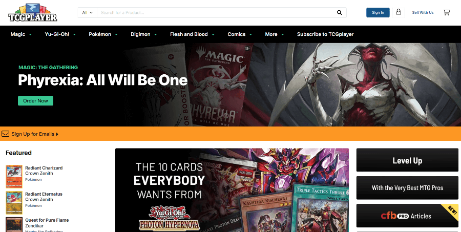 Homepage of TCGPlayer Website - where to sell yugioh cards