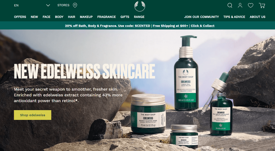 Screenshot of The Body Shop landing page in Canada.