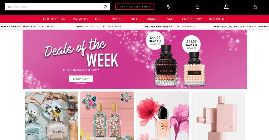 Screenshot of The Perfume Store website while I was looking for free samples of perfume.