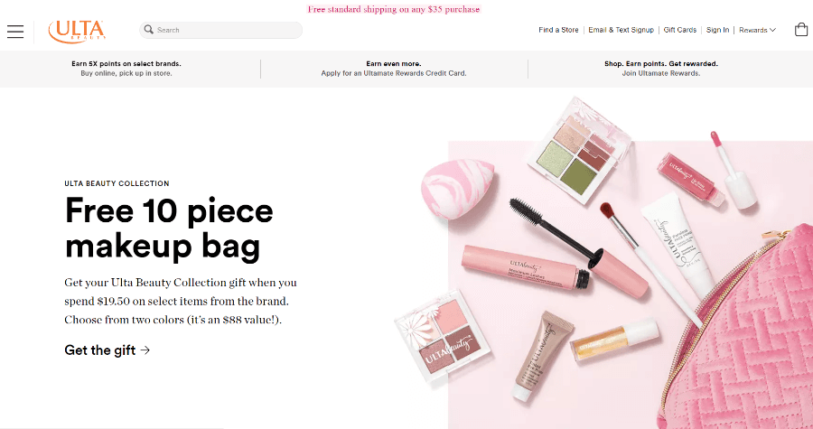 Screenshot of Ulta Beauty homepage while I was looking for free samples of perfume.