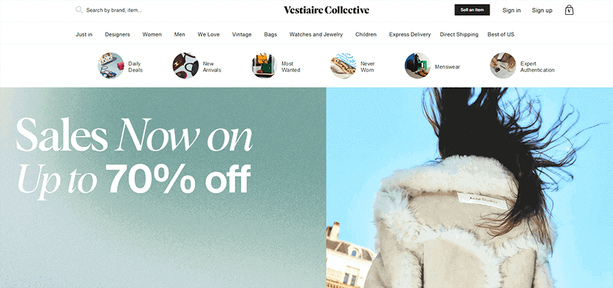 A homepage image of Vestiaire Collective website