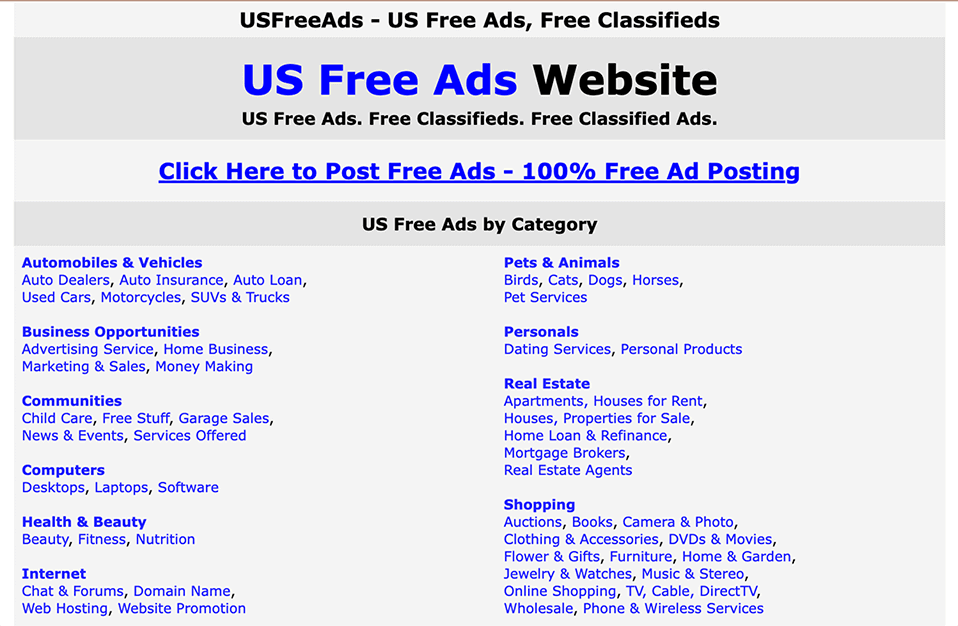 A homepage image of USFreeAds website