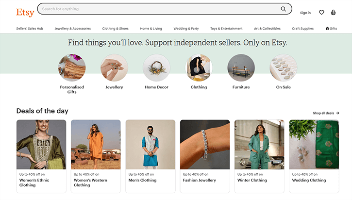 A homepage image of Etsy website