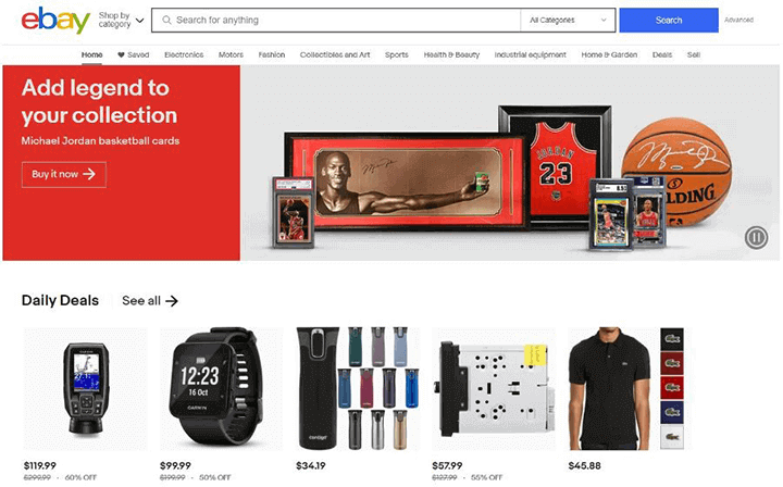 A homepage image of eBay website taken while searching for sites like poshmark