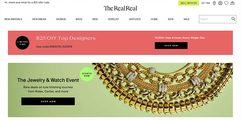 A homepage image of Therealreal website taken while searching for sites like poshmark