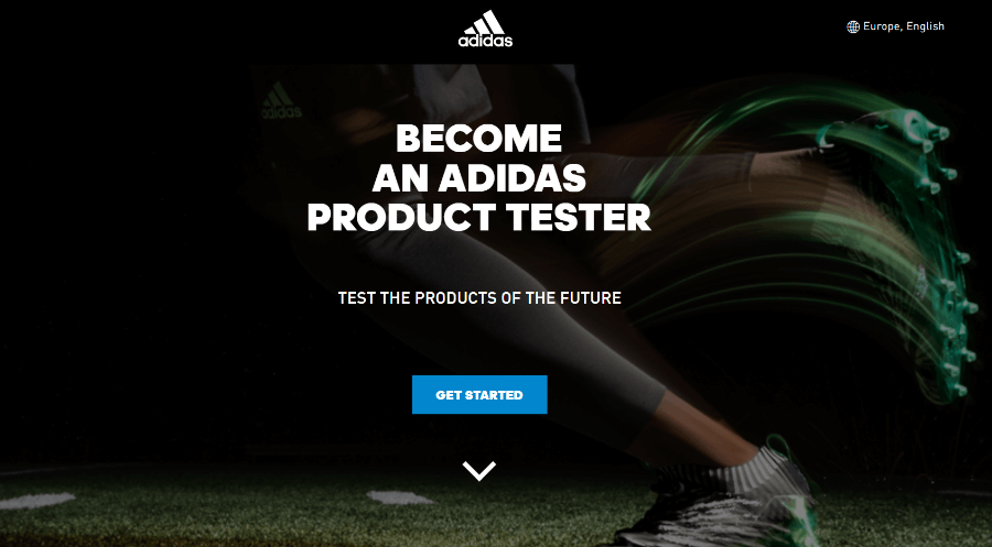 Homepage of the Adidas product testing website.
