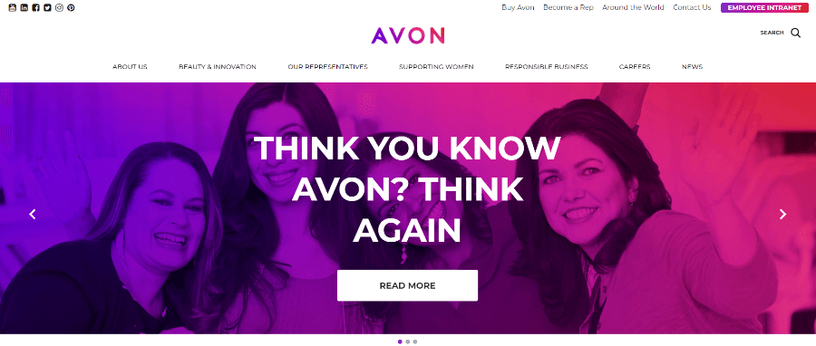 Landing page of Avon website.