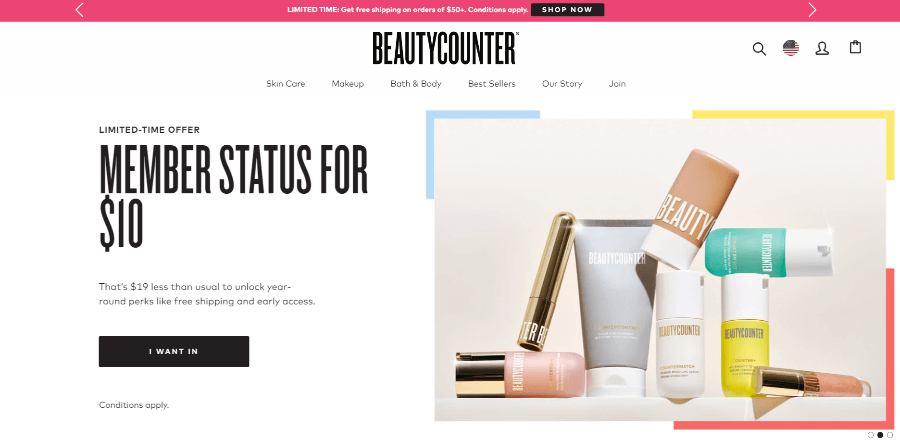 Homepage of Beauty Counter website- direct sales companies