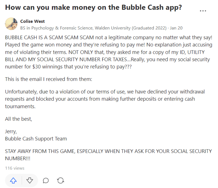 An user "Colise West" wrote a complain against Bubble Cash on Quora.