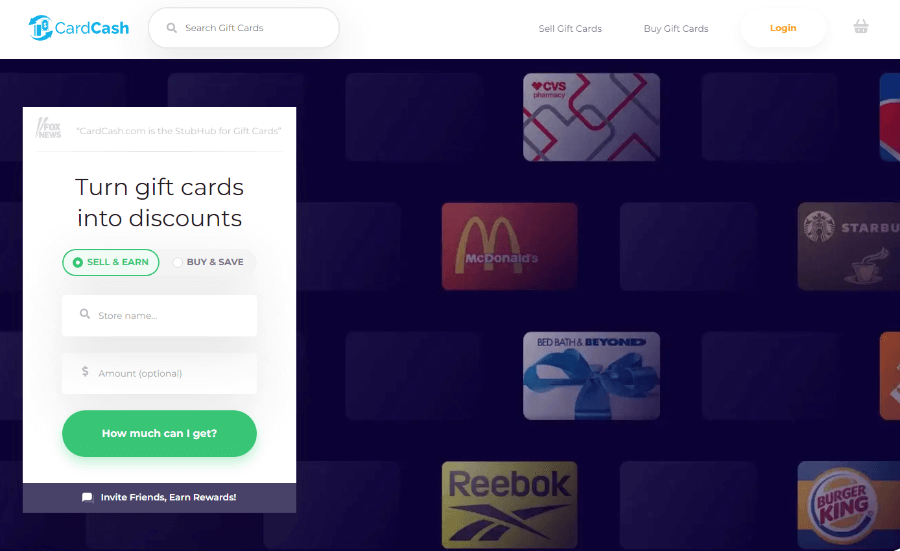 Homepage of CardCash website that I found while looking for a gift card exchange kiosk near me.