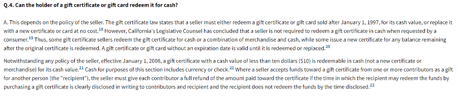The legal advice for gift cards from California Department Of Consumer Affairs.