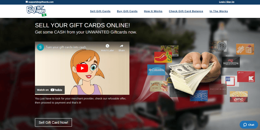 Homepage of the EJGiftCards website that I found while searching for a gift card exchange kiosk nearby.