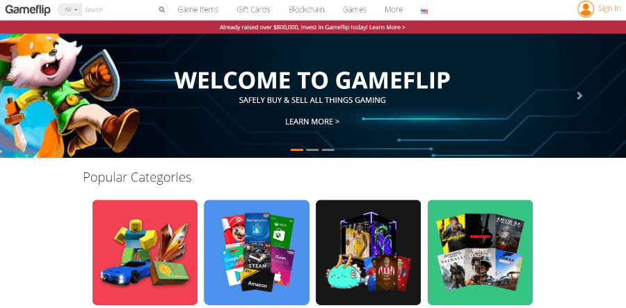 Landing page of the Gameflip website.