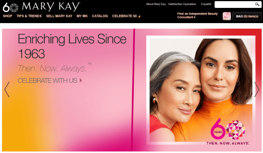 Homepage of Mary Kay website - direct sales companies