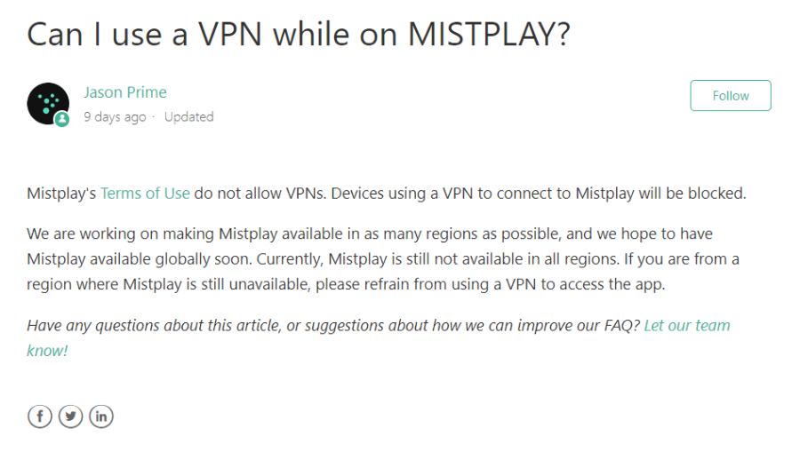 The "FAQ" page about the use of VPN in Mistplay.
