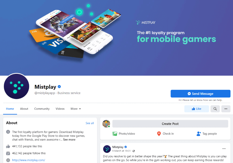 Facebook page of the Mistplay app.