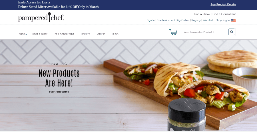 Landing page of Pampered Chef website - direct sales companies