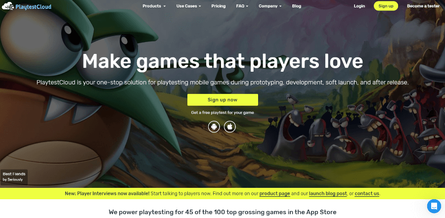 Homepage of the PlaytestCloud website.