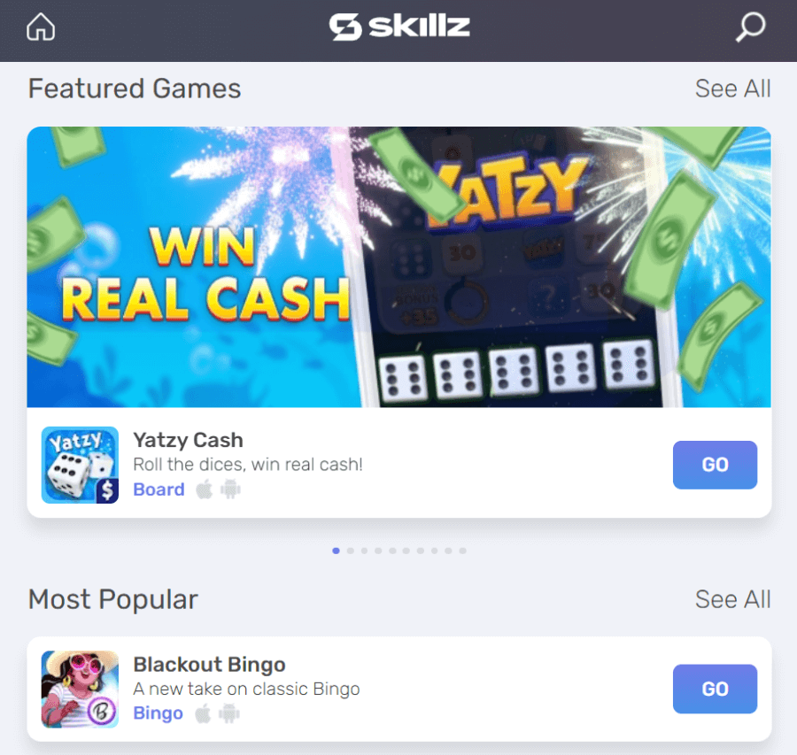 Gaming section of Skillz Website.
