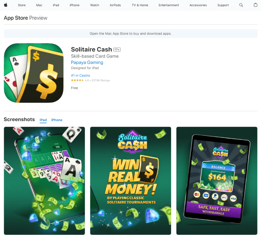Solitaire Cash App enlistment on Apple App Store.