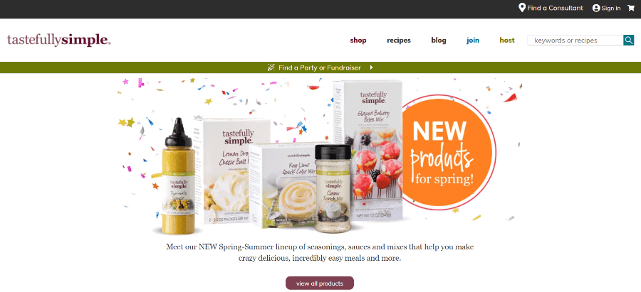 Homepage of Tastefully SImple website - direct sales companies
