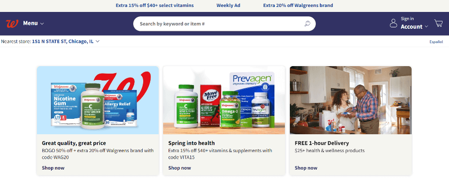 Homepage of the Walgreens website.