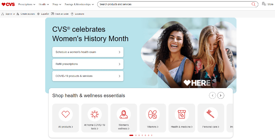 The landing page of the CVS website 