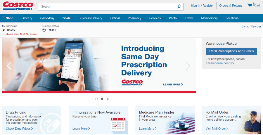 Pharmacy page of the Costco website.