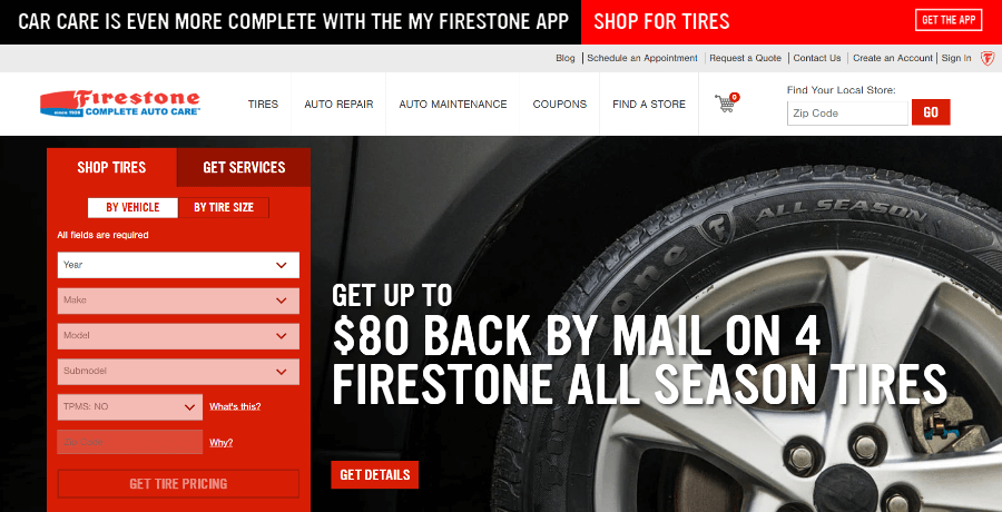 Landing page of Firestone Complete Auto Care website.