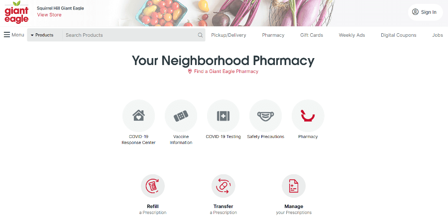 Pharmacy page of the Giant Eagle website.