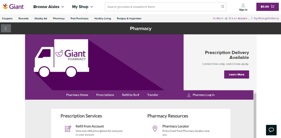 Pharmacy page of the Giant Food website.