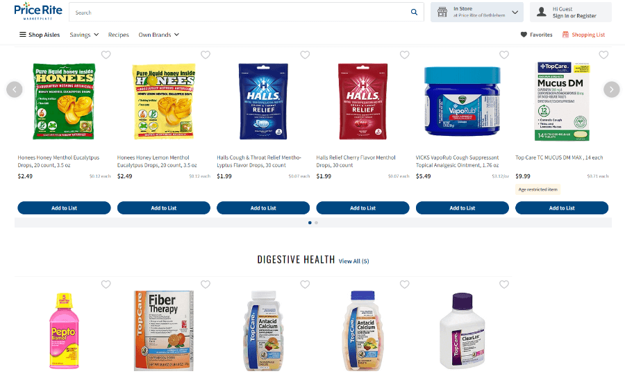 Pharmacy section of the PriceRite website.