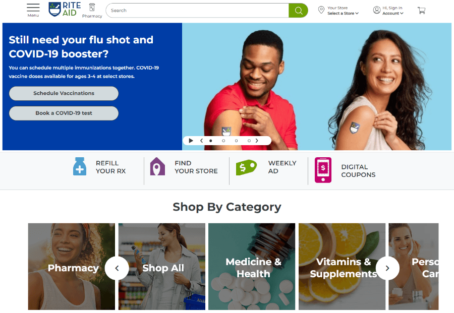 The landing page of the Rite Aid website.