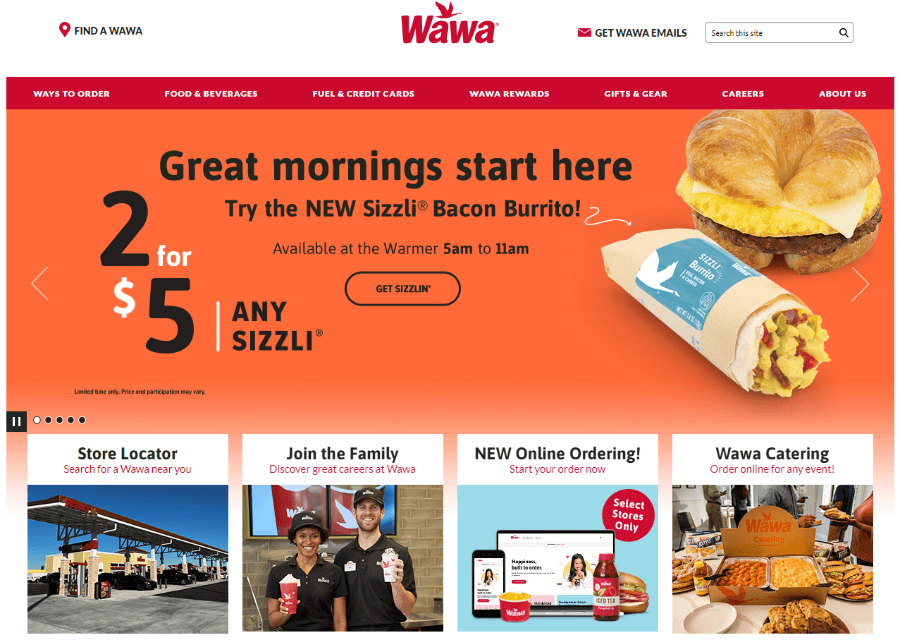 Homepage of WaWa convenience store's website.