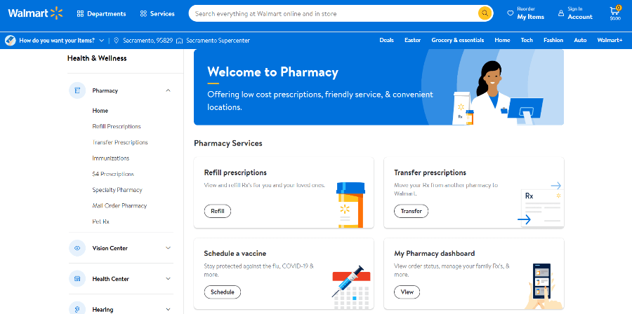 Pharmacy section of the Walmart website.