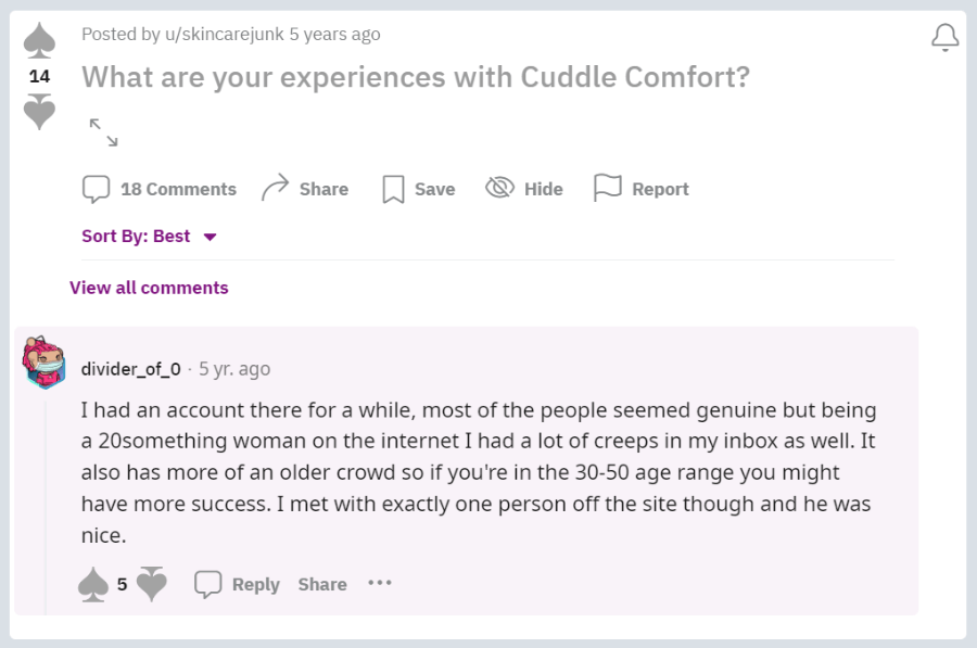 A review of Cuddle Comfort by "divider_of_0" on Reddit.