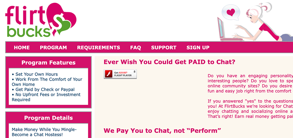 A Screenshot image of the Flirtbucks website - get paid to talk to lonely people