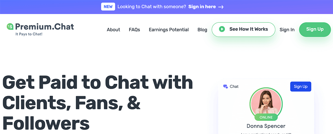 A Screenshot image of the Premium chat website - get paid to talk to lonely people