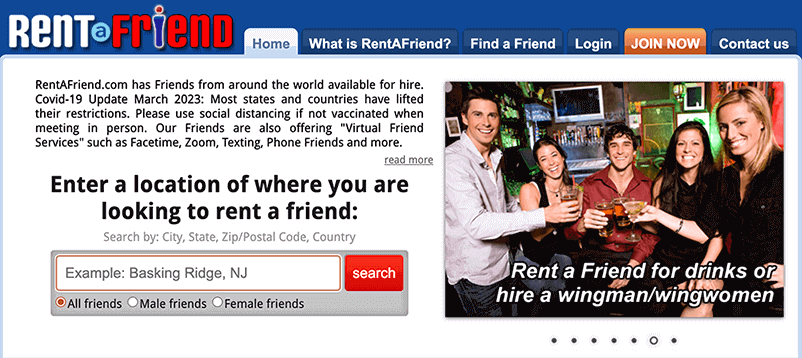 A Screenshot image of the Rent a friend website - get paid to talk to lonely people